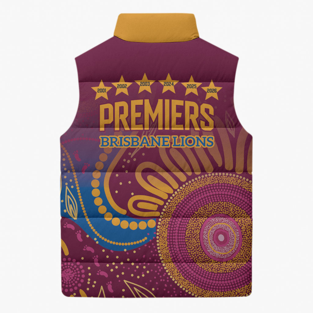 Brisbane Lions Championship Legacy Sleeveless Puffer Jacket Six Premiership Years Aboriginal Dot Art