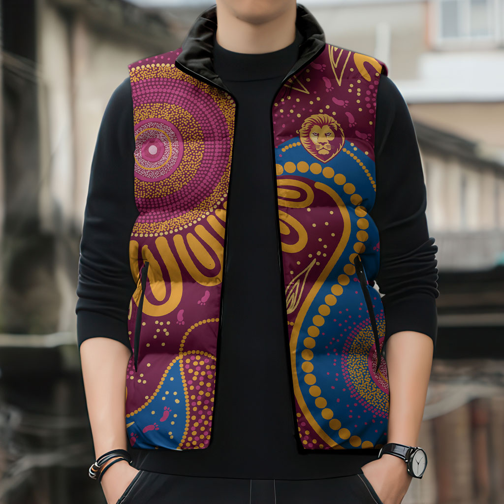 Brisbane Lions Championship Legacy Sleeveless Puffer Jacket Six Premiership Years Aboriginal Dot Art