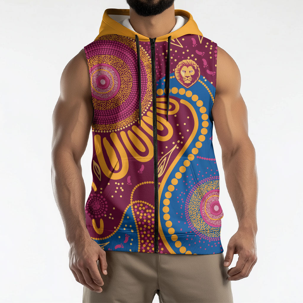 Brisbane Lions Championship Legacy Sleeveless Zip Hoodie Six Premiership Years Aboriginal Dot Art