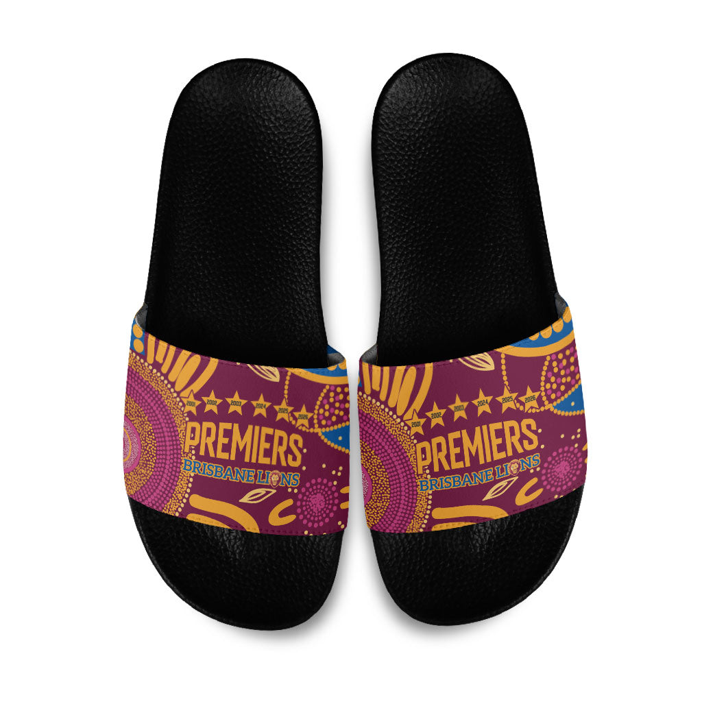 Brisbane Lions Championship Legacy Slide Sandals Six Premiership Years Aboriginal Dot Art