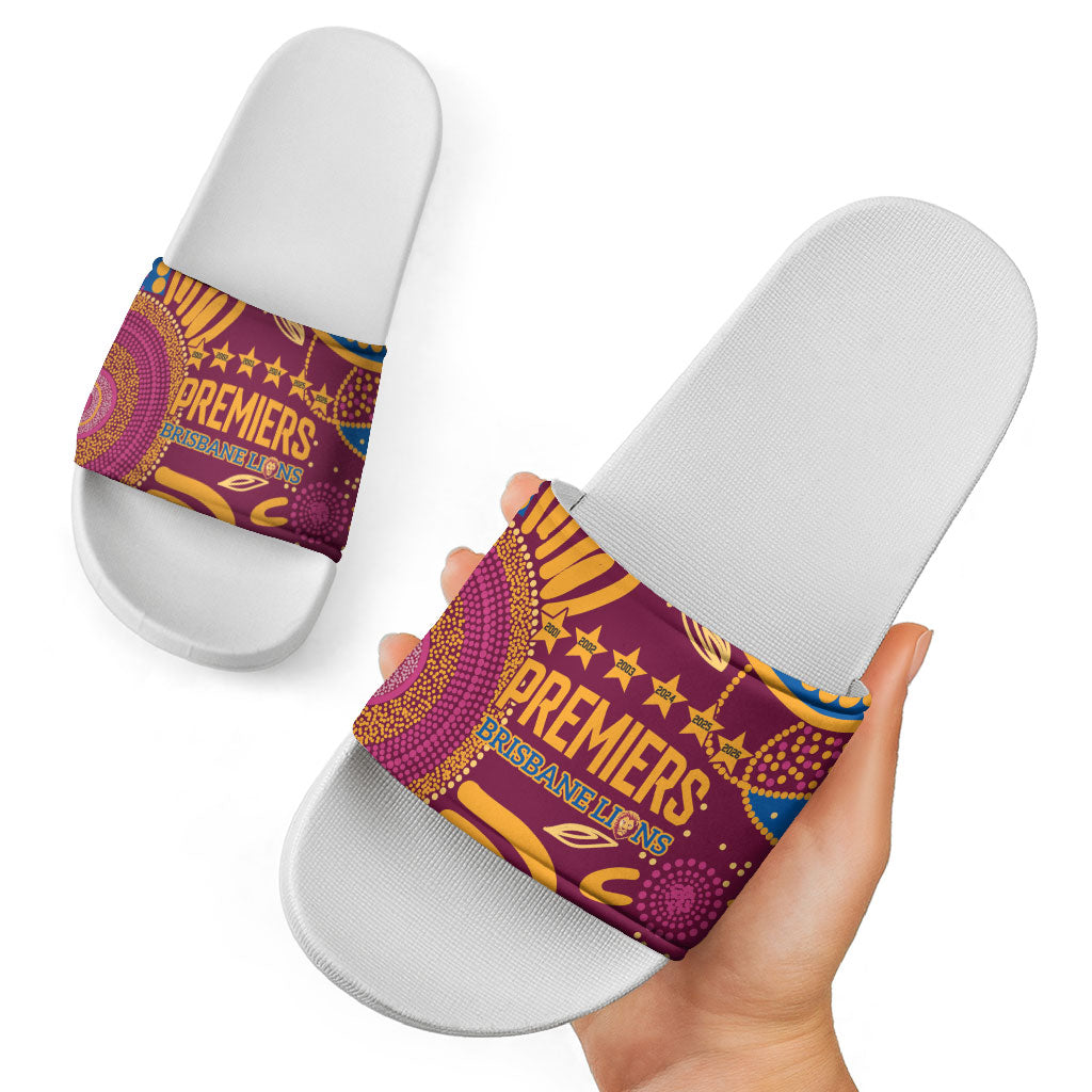 Brisbane Lions Championship Legacy Slide Sandals Six Premiership Years Aboriginal Dot Art