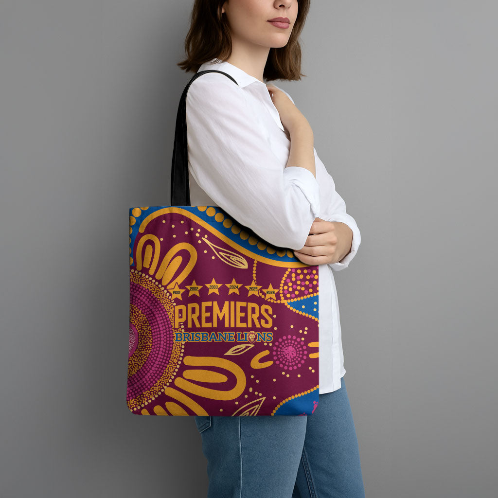 Brisbane Lions Championship Legacy Tote Bag Six Premiership Years Aboriginal Dot Art
