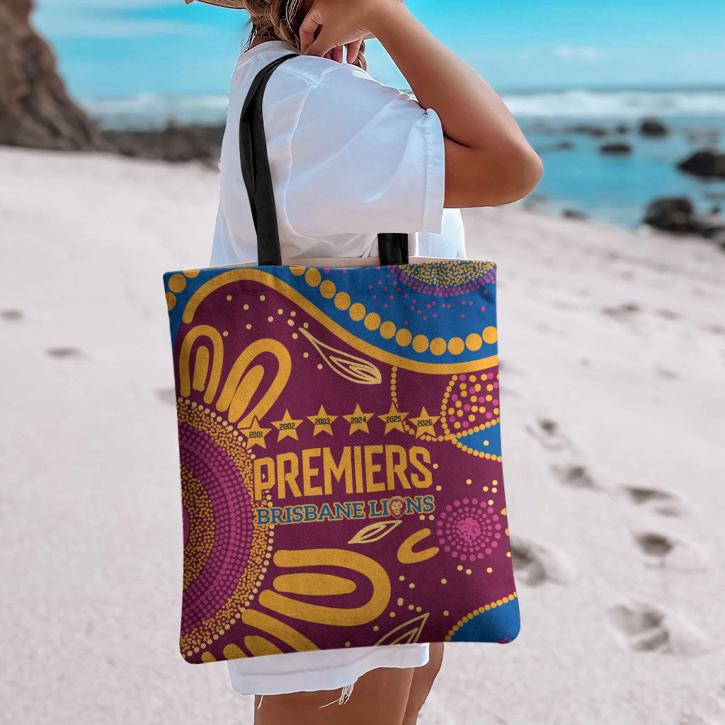 Brisbane Lions Championship Legacy Tote Bag Six Premiership Years Aboriginal Dot Art