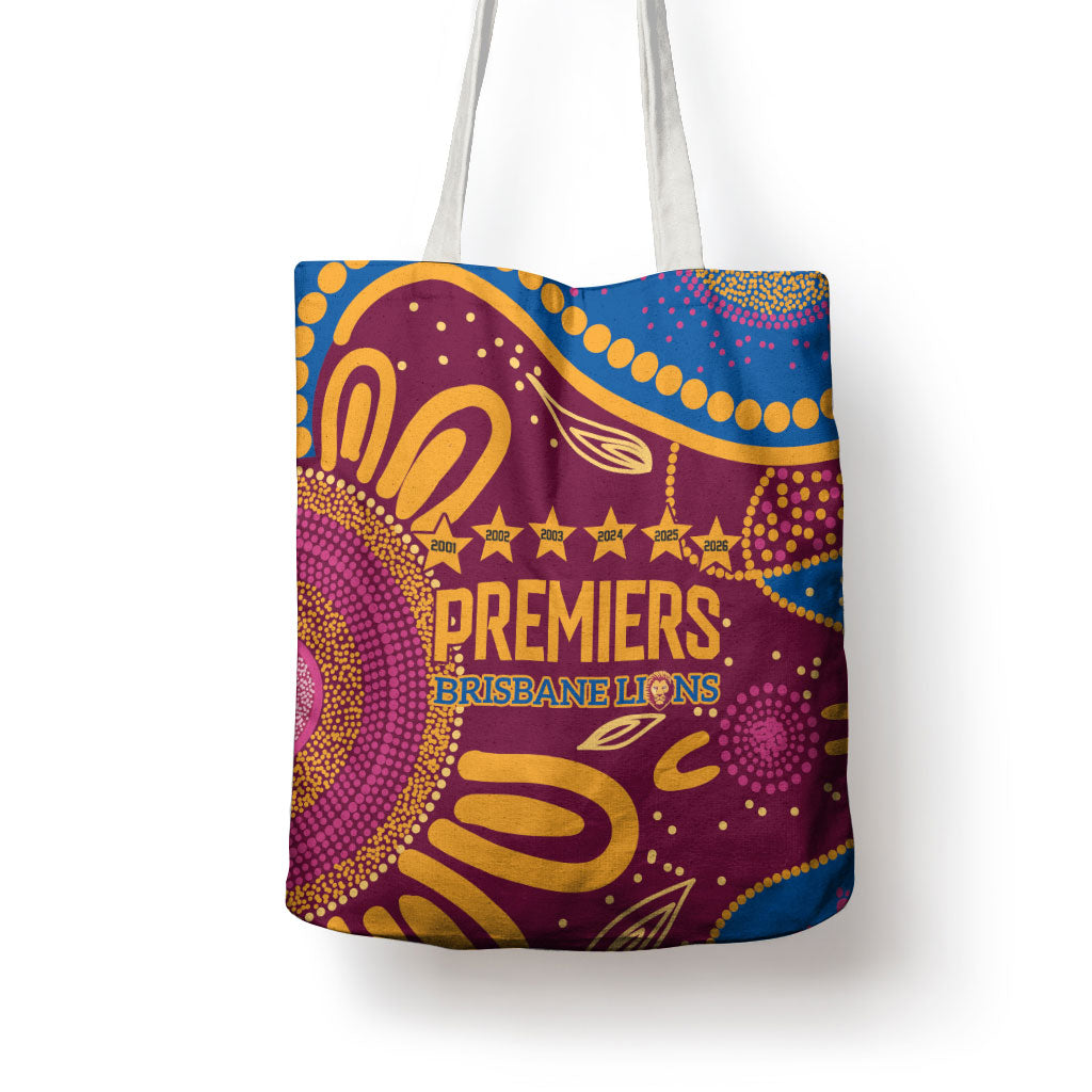 Brisbane Lions Championship Legacy Tote Bag Six Premiership Years Aboriginal Dot Art