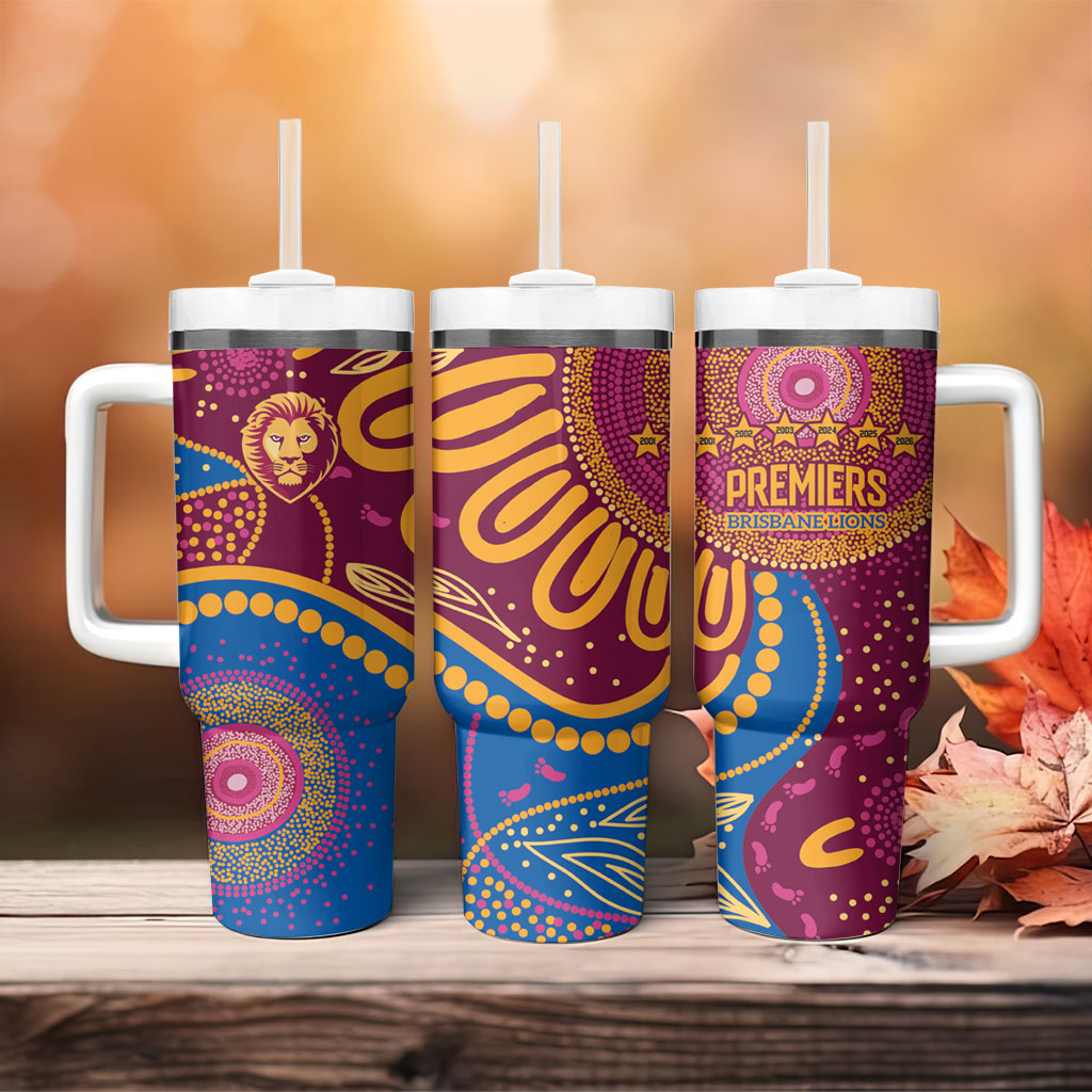 Brisbane Lions Championship Legacy Tumbler With Handle Six Premiership Years Aboriginal Dot Art
