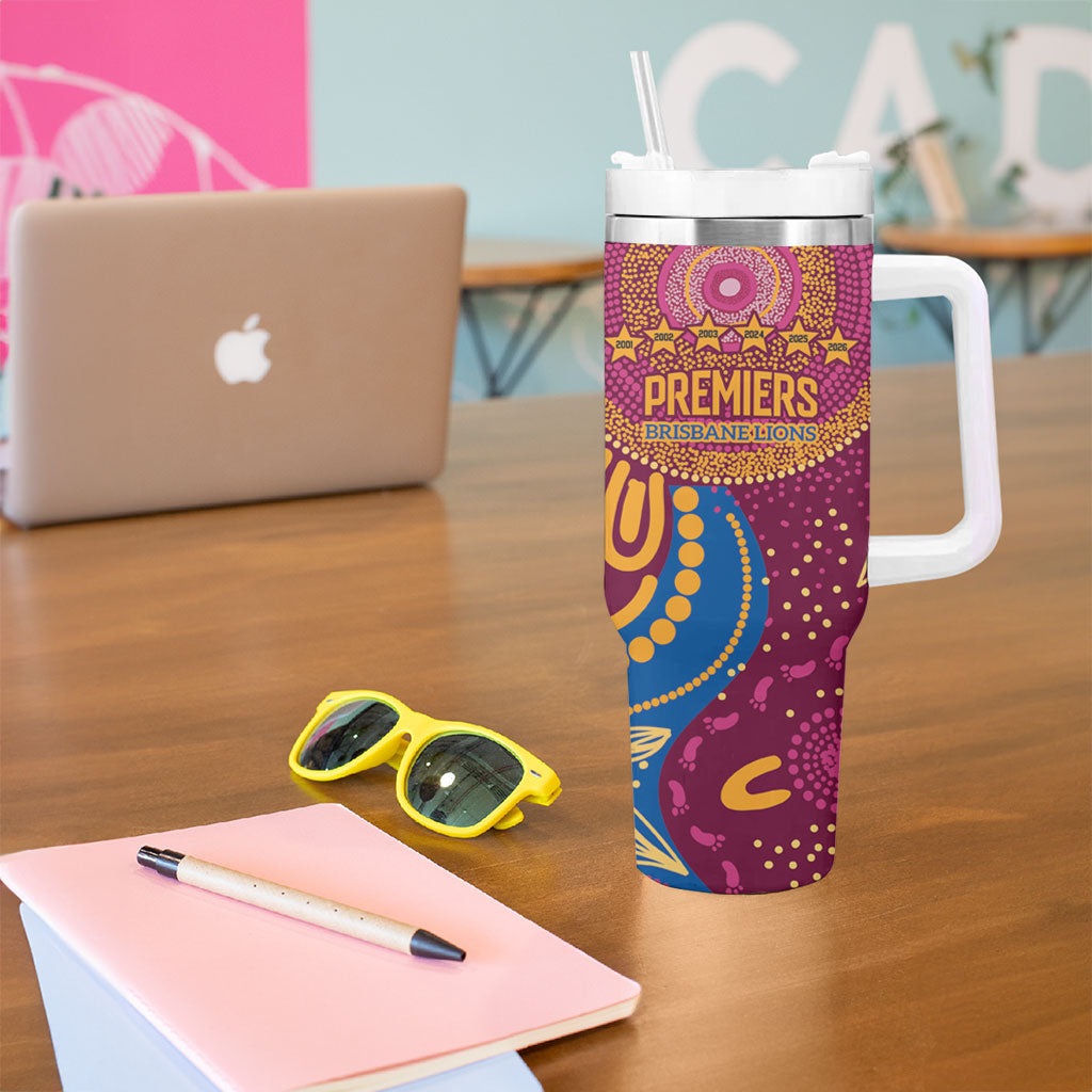 Brisbane Lions Championship Legacy Tumbler With Handle Six Premiership Years Aboriginal Dot Art