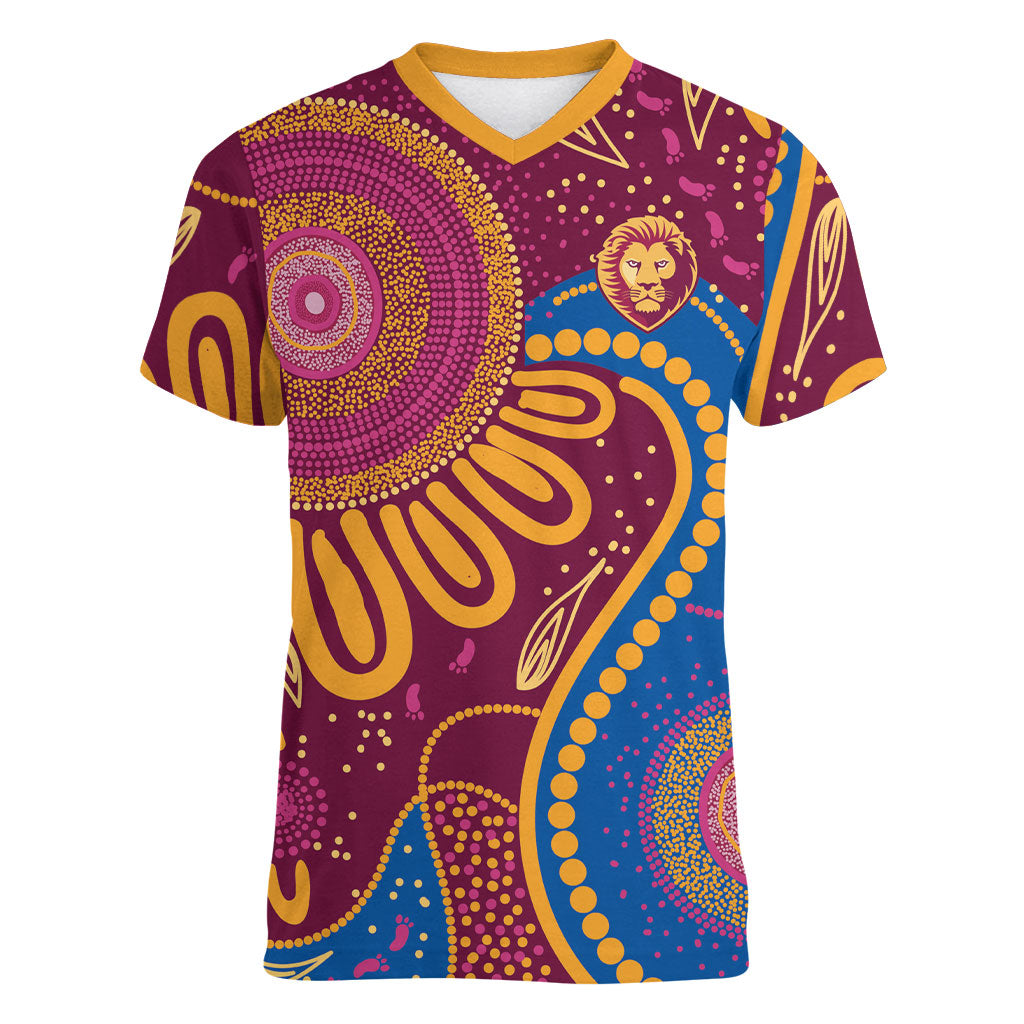Brisbane Lions Championship Legacy Women V-Neck T-Shirt Six Premiership Years Aboriginal Dot Art