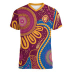 Brisbane Lions Championship Legacy Women V-Neck T-Shirt Six Premiership Years Aboriginal Dot Art