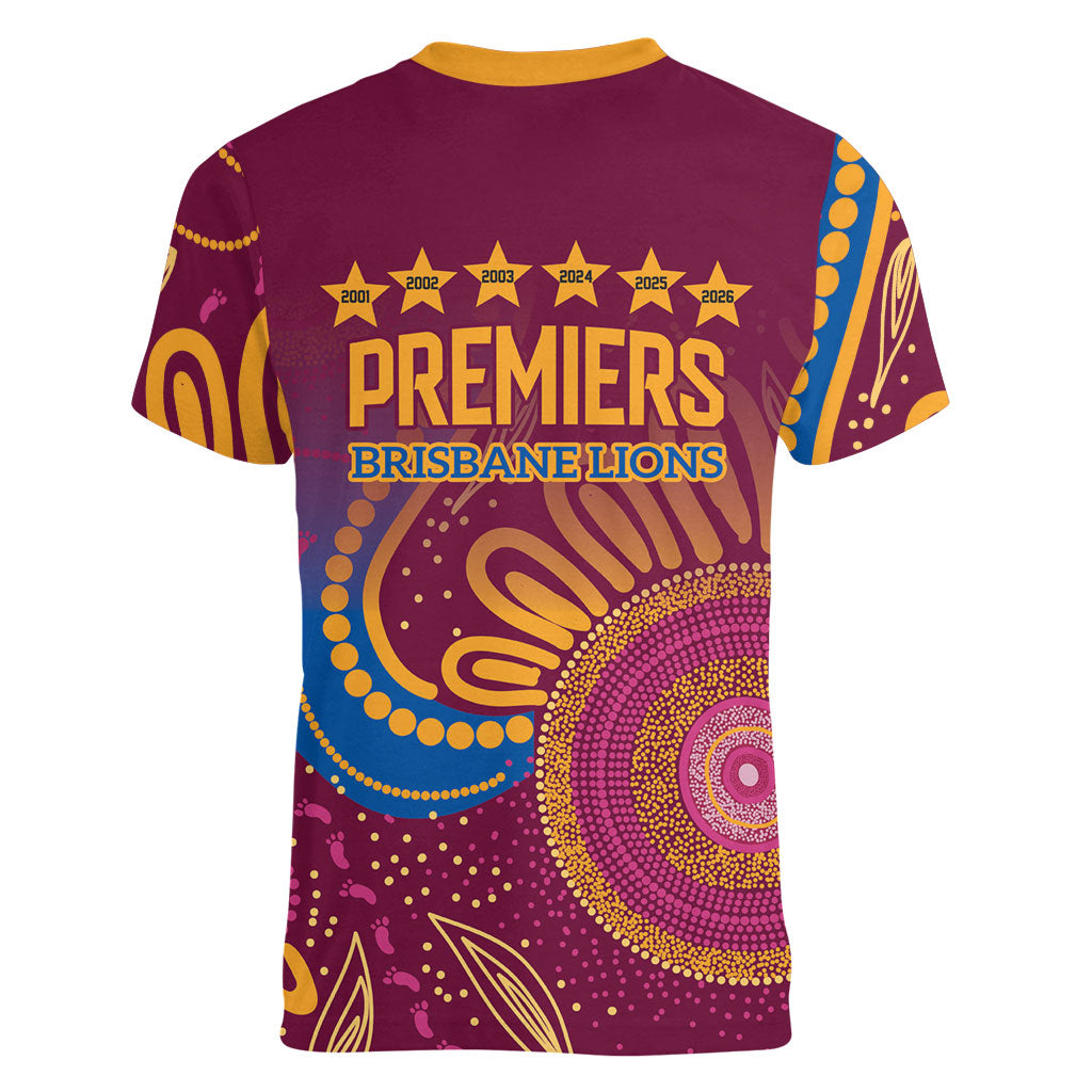Brisbane Lions Championship Legacy Women V-Neck T-Shirt Six Premiership Years Aboriginal Dot Art