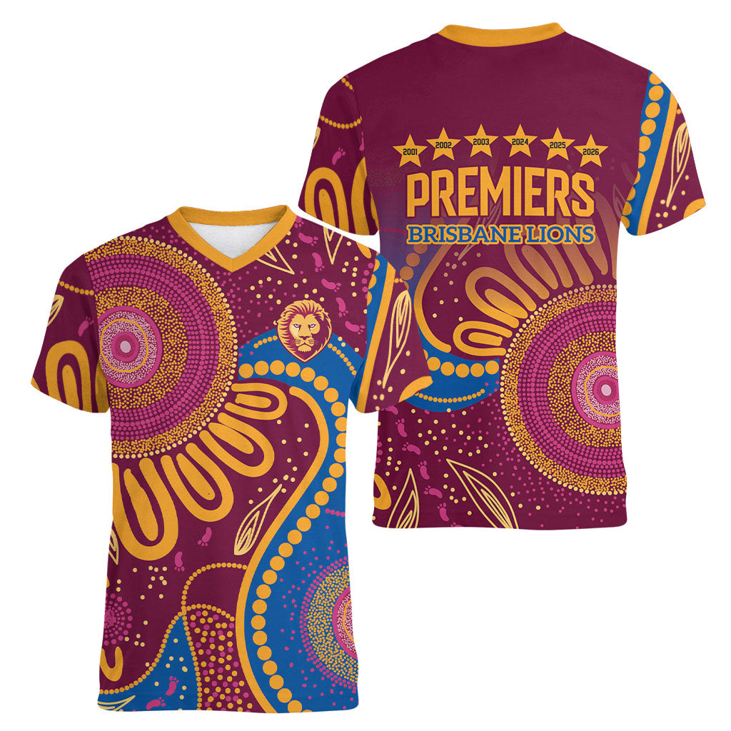 Brisbane Lions Championship Legacy Women V-Neck T-Shirt Six Premiership Years Aboriginal Dot Art