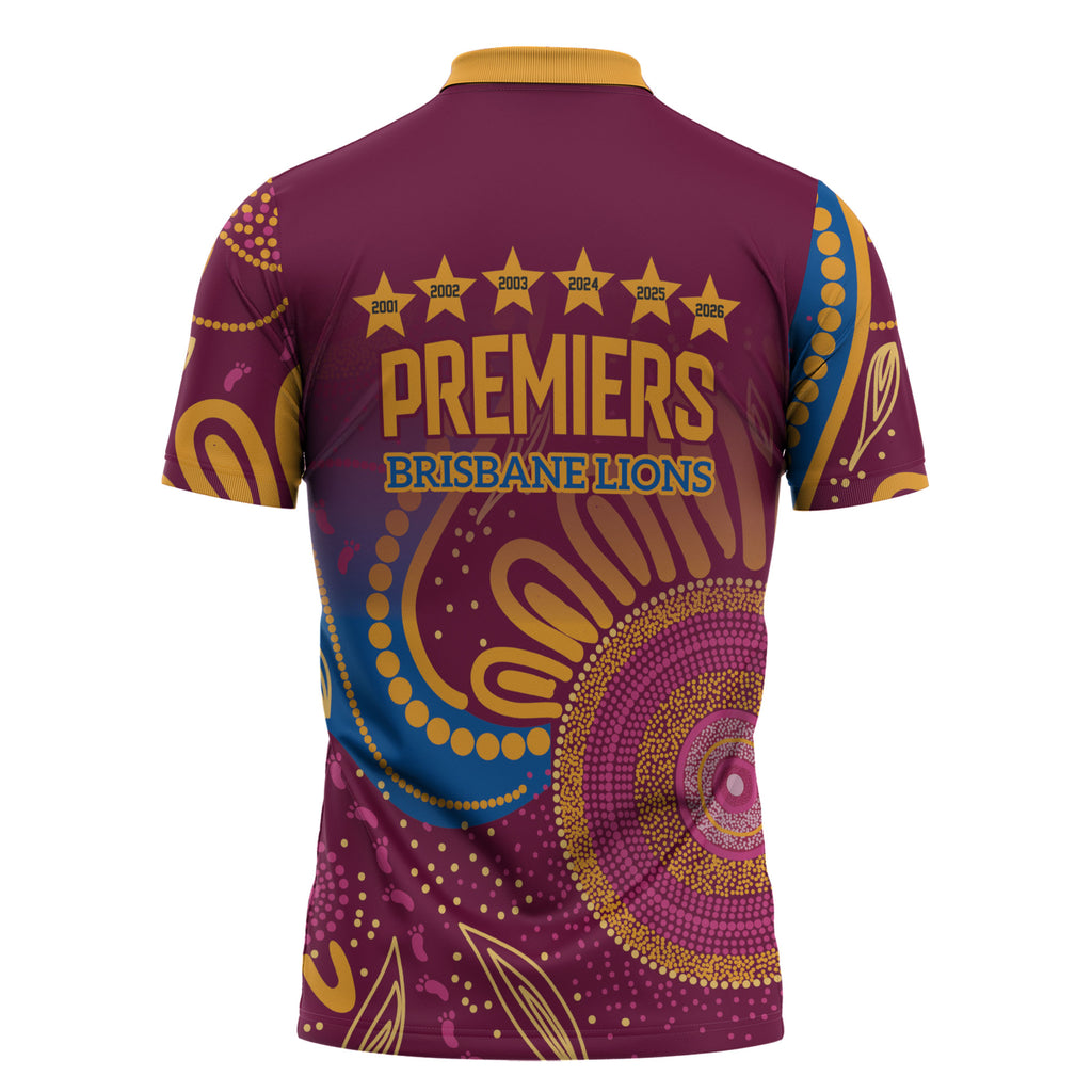 Brisbane Lions Championship Legacy Zipper Polo Shirt Six Premiership Years Aboriginal Dot Art
