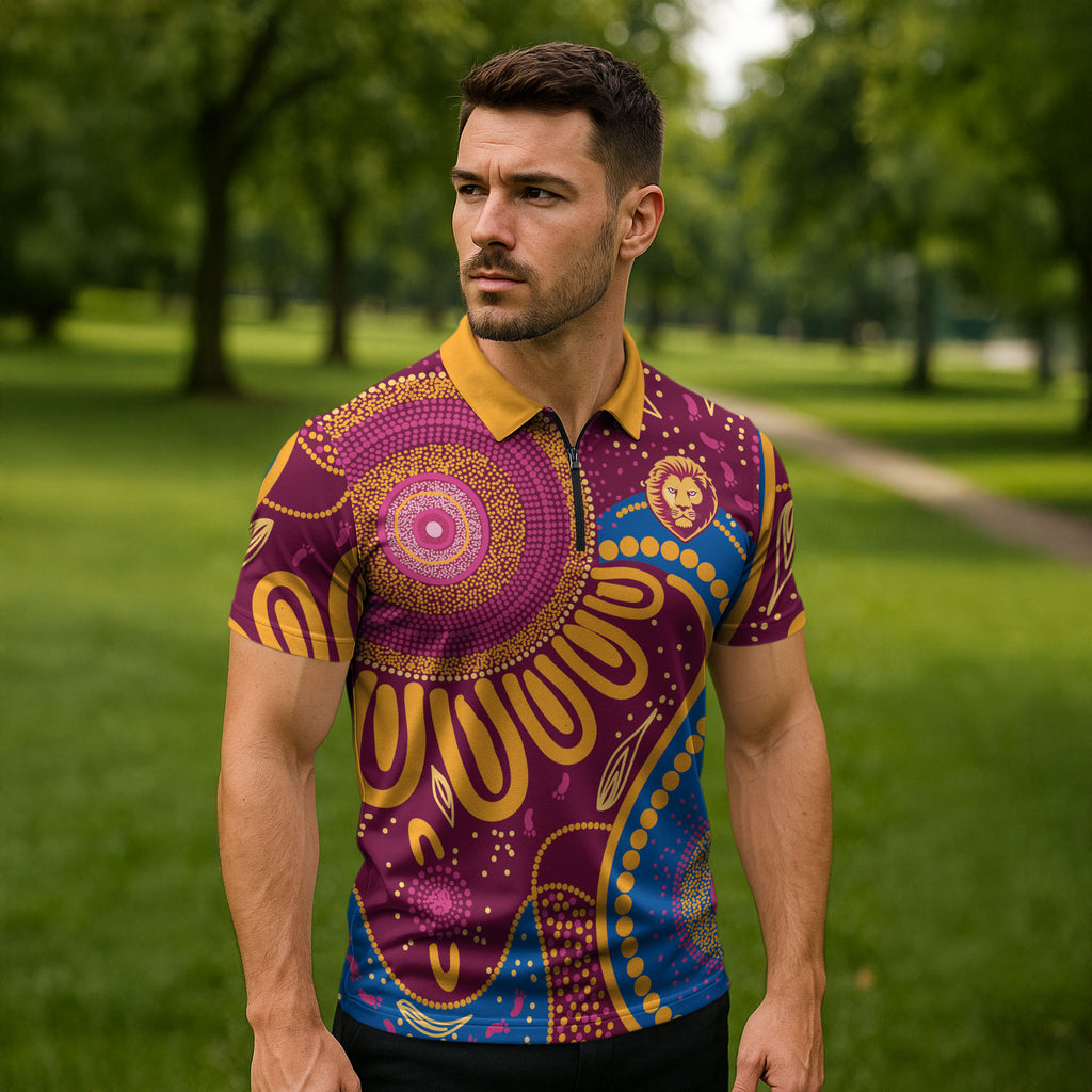 Brisbane Lions Championship Legacy Zipper Polo Shirt Six Premiership Years Aboriginal Dot Art