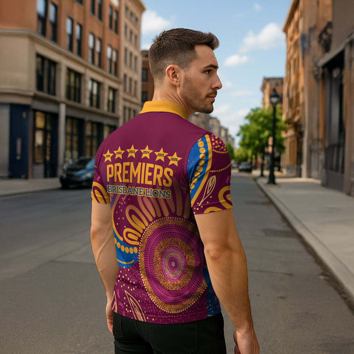 Brisbane Lions Championship Legacy Zipper Polo Shirt Six Premiership Years Aboriginal Dot Art