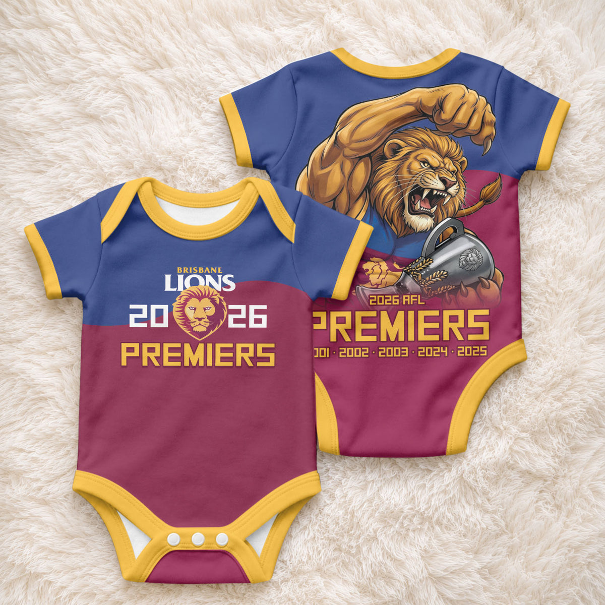 Brisbane Lions Premiers 2026 Baby Onesie Six-Time Champions