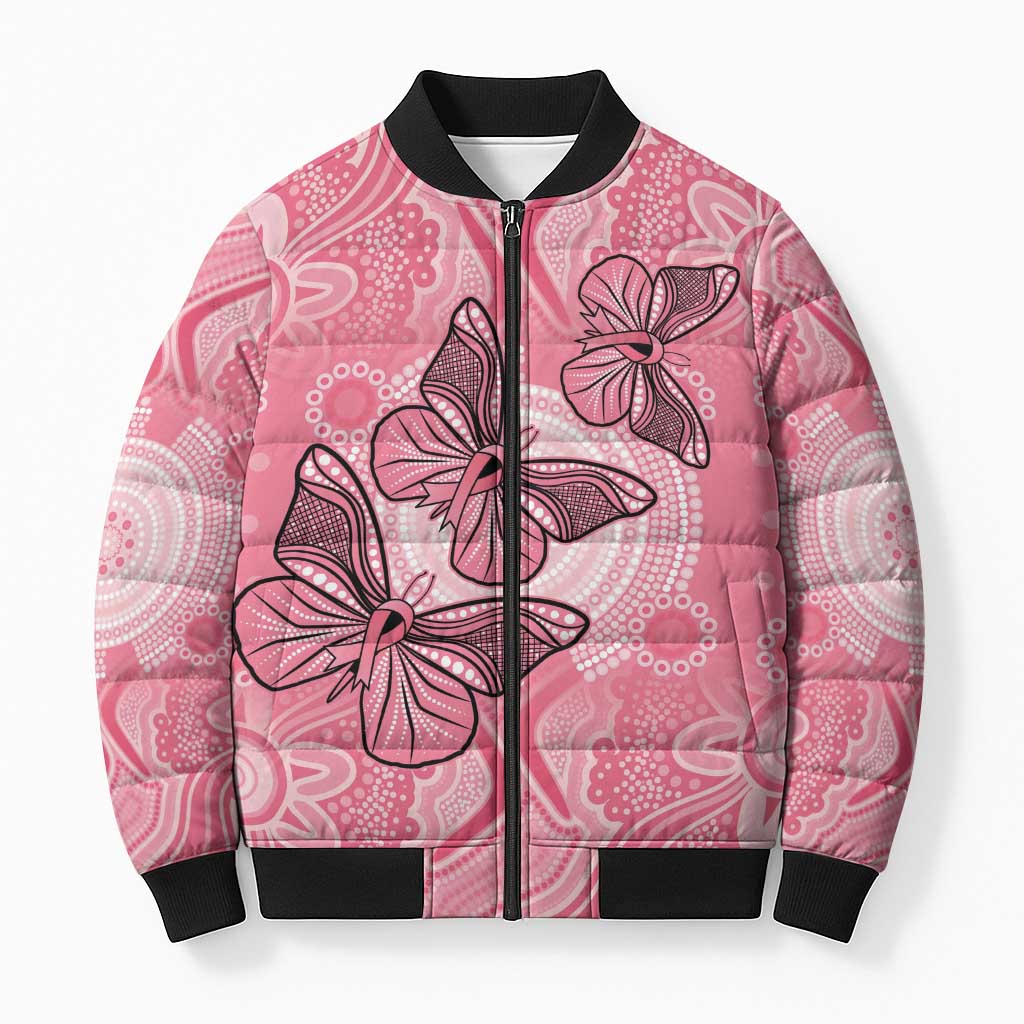 Personalized Pink Butterfly Spirit Bomber Puffer Jacket Australia’s Breast Cancer Awareness - Aussie Hoodie