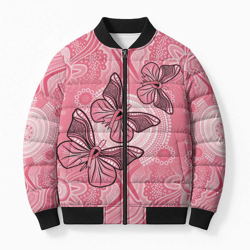 Personalized Pink Butterfly Spirit Bomber Puffer Jacket Australia’s Breast Cancer Awareness - Aussie Hoodie