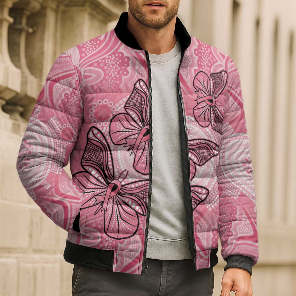 Personalized Pink Butterfly Spirit Bomber Puffer Jacket Australia’s Breast Cancer Awareness - Aussie Hoodie