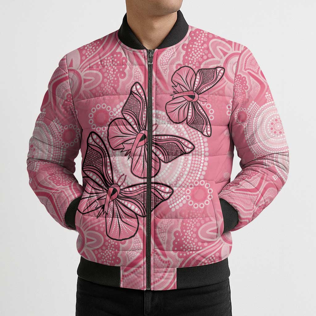 Personalized Pink Butterfly Spirit Bomber Puffer Jacket Australia’s Breast Cancer Awareness - Aussie Hoodie