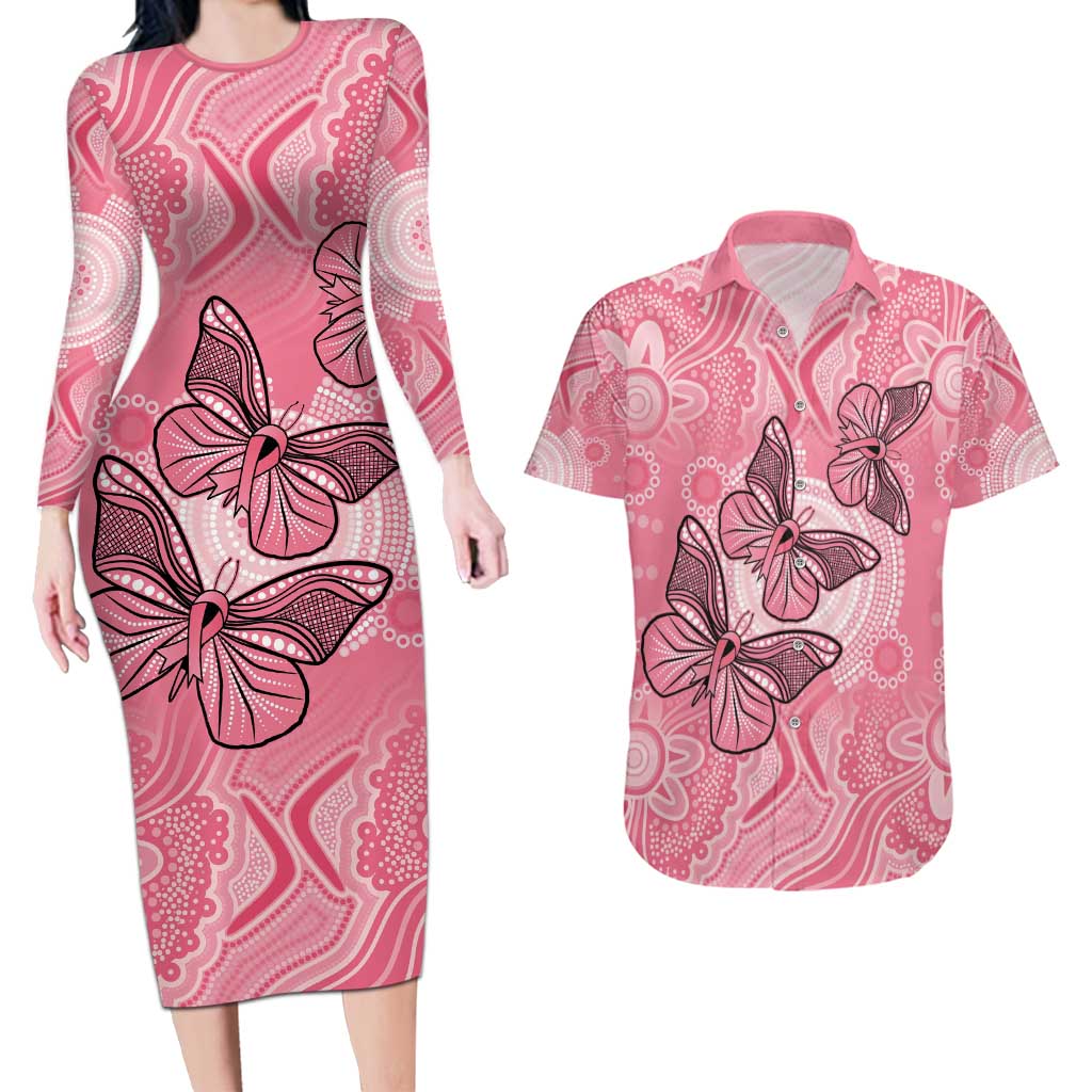 Personalized Pink Butterfly Spirit Couples Matching Long Sleeve Bodycon Dress and Hawaiian Shirt Australia’s Breast Cancer Awareness - Aussie Hoodie