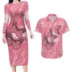 Personalized Pink Butterfly Spirit Couples Matching Long Sleeve Bodycon Dress and Hawaiian Shirt Australia’s Breast Cancer Awareness - Aussie Hoodie