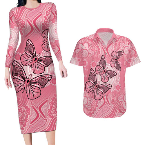 Personalized Pink Butterfly Spirit Couples Matching Long Sleeve Bodycon Dress and Hawaiian Shirt Australia’s Breast Cancer Awareness - Aussie Hoodie