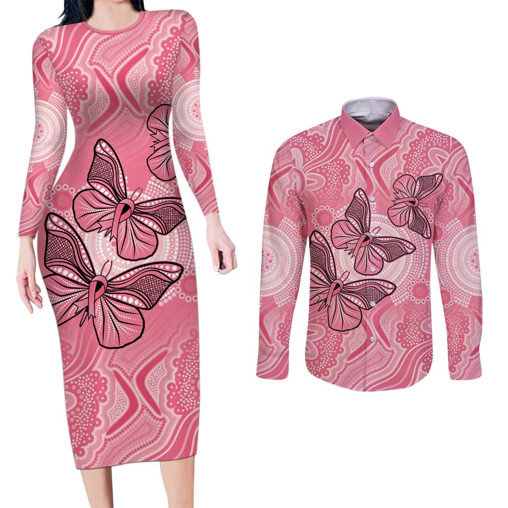 Personalized Pink Butterfly Spirit Couples Matching Long Sleeve Bodycon Dress and Long Sleeve Button Shirt Australia’s Breast Cancer Awareness - Aussie Hoodie