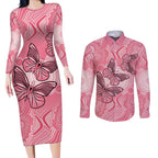 Personalized Pink Butterfly Spirit Couples Matching Long Sleeve Bodycon Dress and Long Sleeve Button Shirt Australia’s Breast Cancer Awareness - Aussie Hoodie