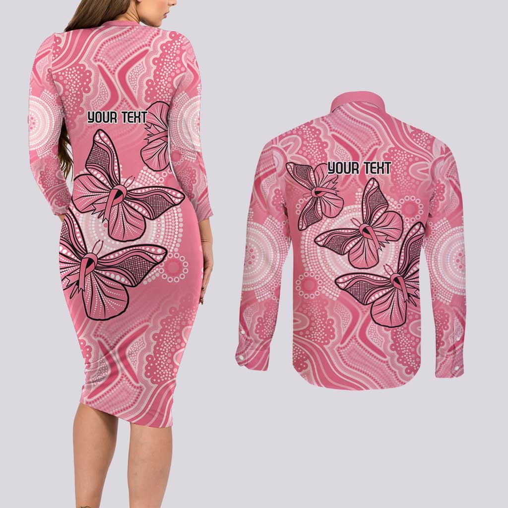 Personalized Pink Butterfly Spirit Couples Matching Long Sleeve Bodycon Dress and Long Sleeve Button Shirt Australia’s Breast Cancer Awareness - Aussie Hoodie