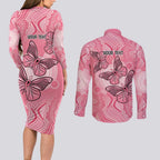 Personalized Pink Butterfly Spirit Couples Matching Long Sleeve Bodycon Dress and Long Sleeve Button Shirt Australia’s Breast Cancer Awareness - Aussie Hoodie