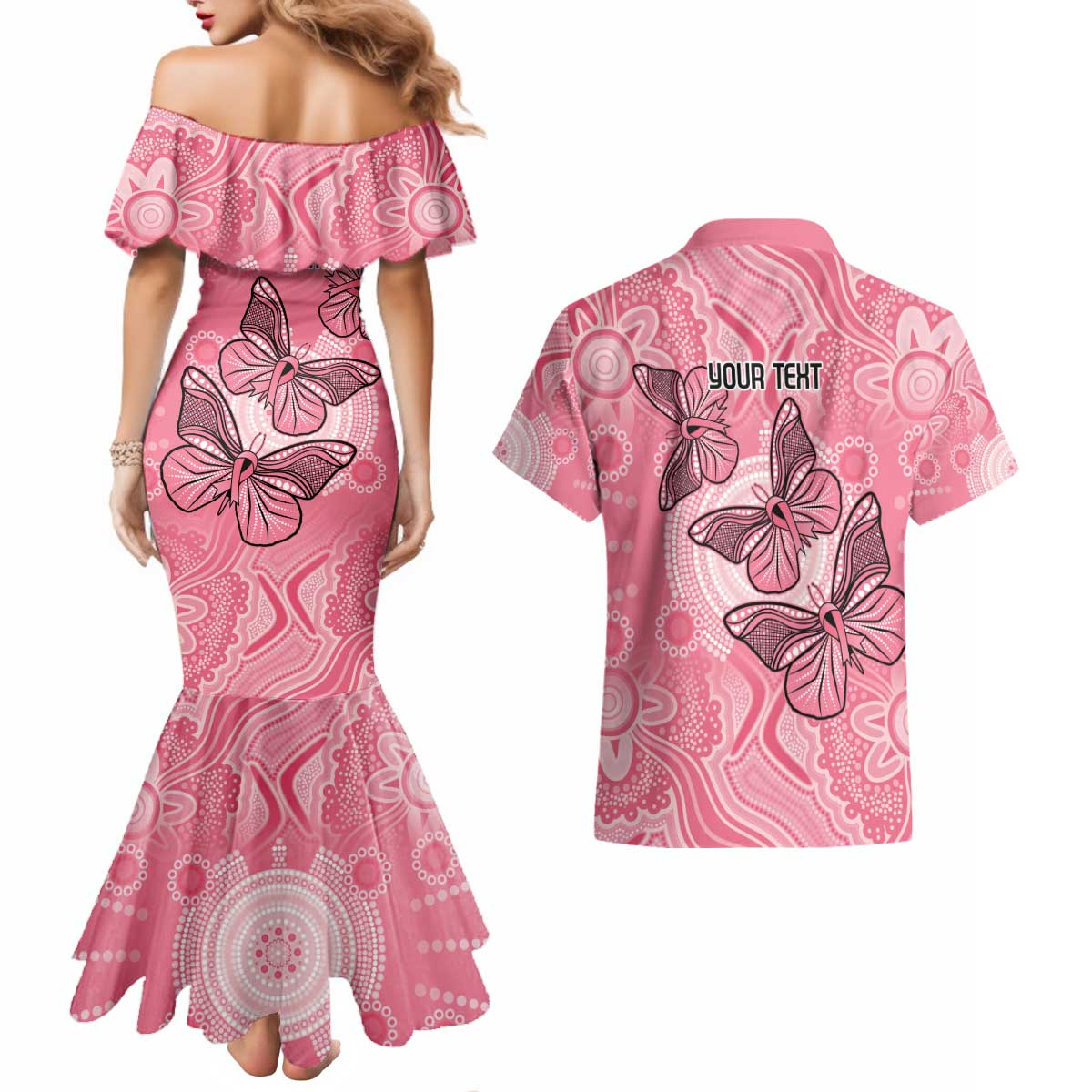 Personalized Pink Butterfly Spirit Couples Matching Mermaid Dress and Hawaiian Shirt Australia’s Breast Cancer Awareness - Aussie Hoodie