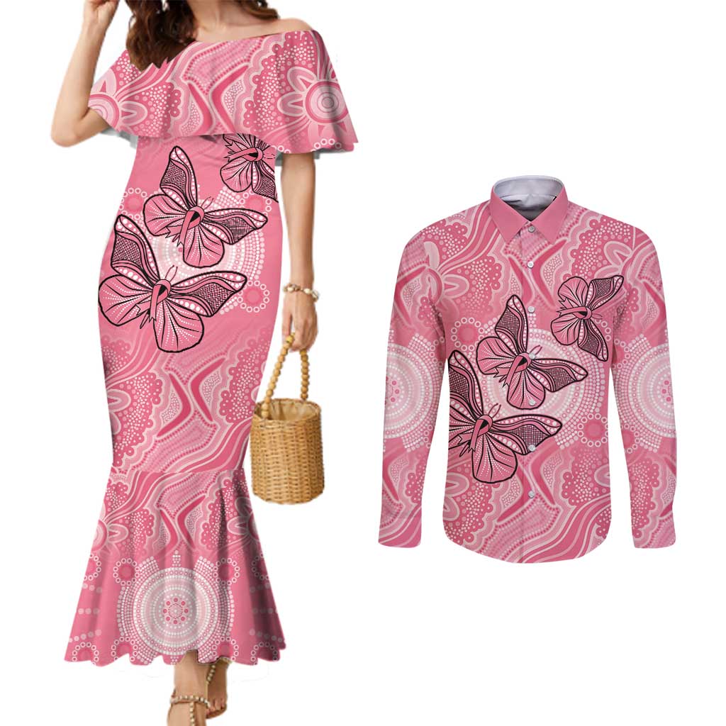 Personalized Pink Butterfly Spirit Couples Matching Mermaid Dress and Long Sleeve Button Shirt Australia’s Breast Cancer Awareness - Aussie Hoodie