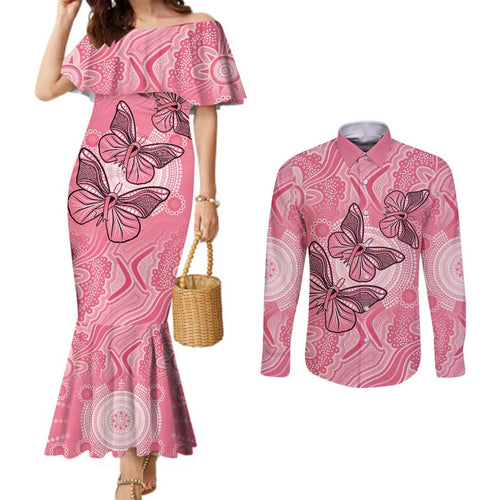 Personalized Pink Butterfly Spirit Couples Matching Mermaid Dress and Long Sleeve Button Shirt Australia’s Breast Cancer Awareness - Aussie Hoodie