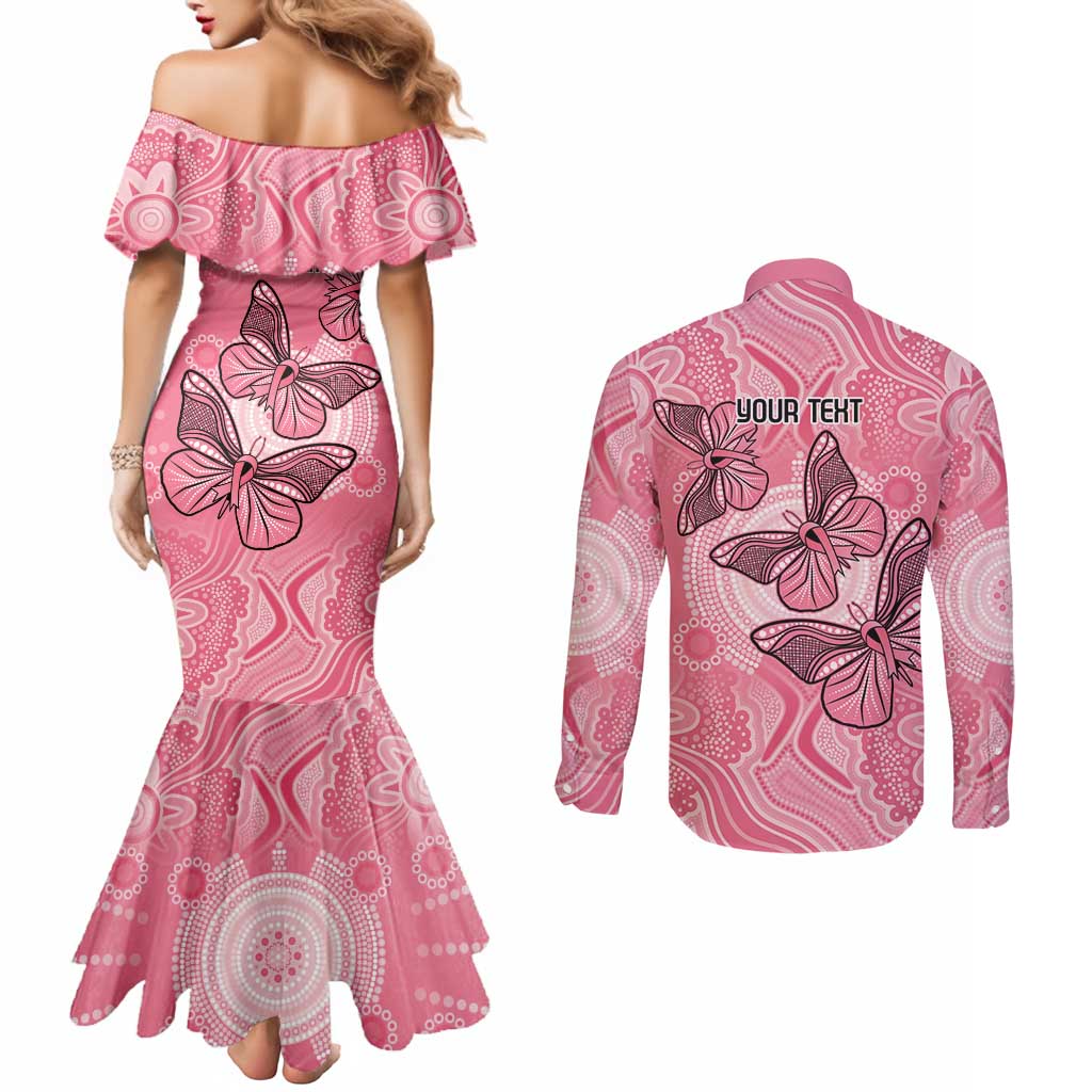 Personalized Pink Butterfly Spirit Couples Matching Mermaid Dress and Long Sleeve Button Shirt Australia’s Breast Cancer Awareness - Aussie Hoodie
