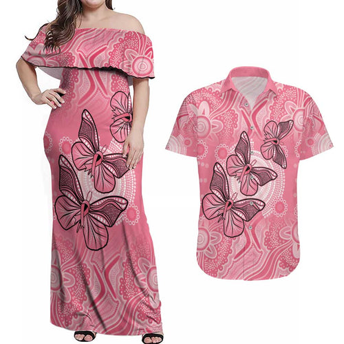 Personalized Pink Butterfly Spirit Couples Matching Off Shoulder Maxi Dress and Hawaiian Shirt Australia’s Breast Cancer Awareness - Aussie Hoodie