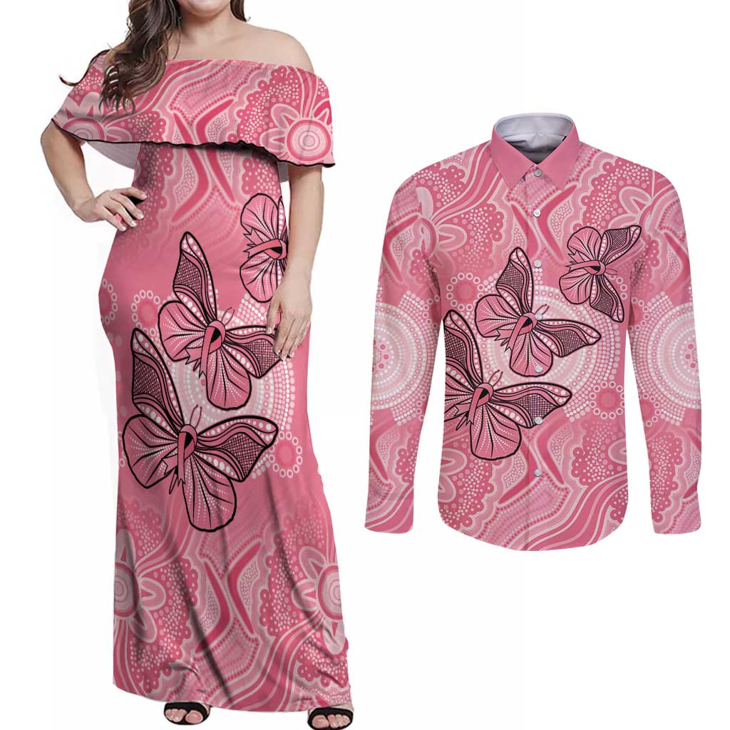 Personalized Pink Butterfly Spirit Couples Matching Off Shoulder Maxi Dress and Long Sleeve Button Shirt Australia’s Breast Cancer Awareness - Aussie Hoodie