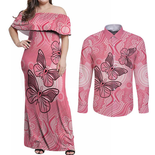 Personalized Pink Butterfly Spirit Couples Matching Off Shoulder Maxi Dress and Long Sleeve Button Shirt Australia’s Breast Cancer Awareness - Aussie Hoodie