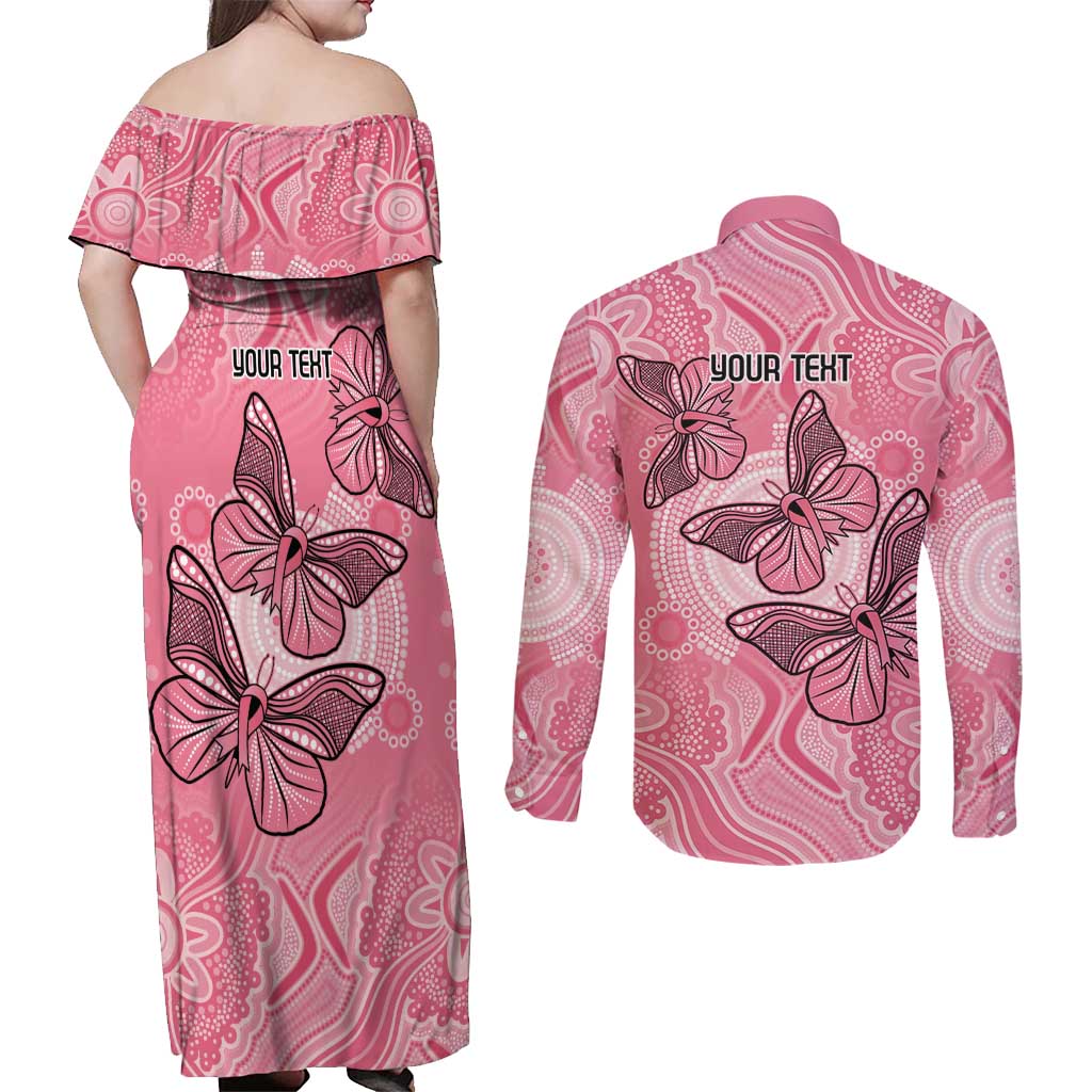 Personalized Pink Butterfly Spirit Couples Matching Off Shoulder Maxi Dress and Long Sleeve Button Shirt Australia’s Breast Cancer Awareness - Aussie Hoodie