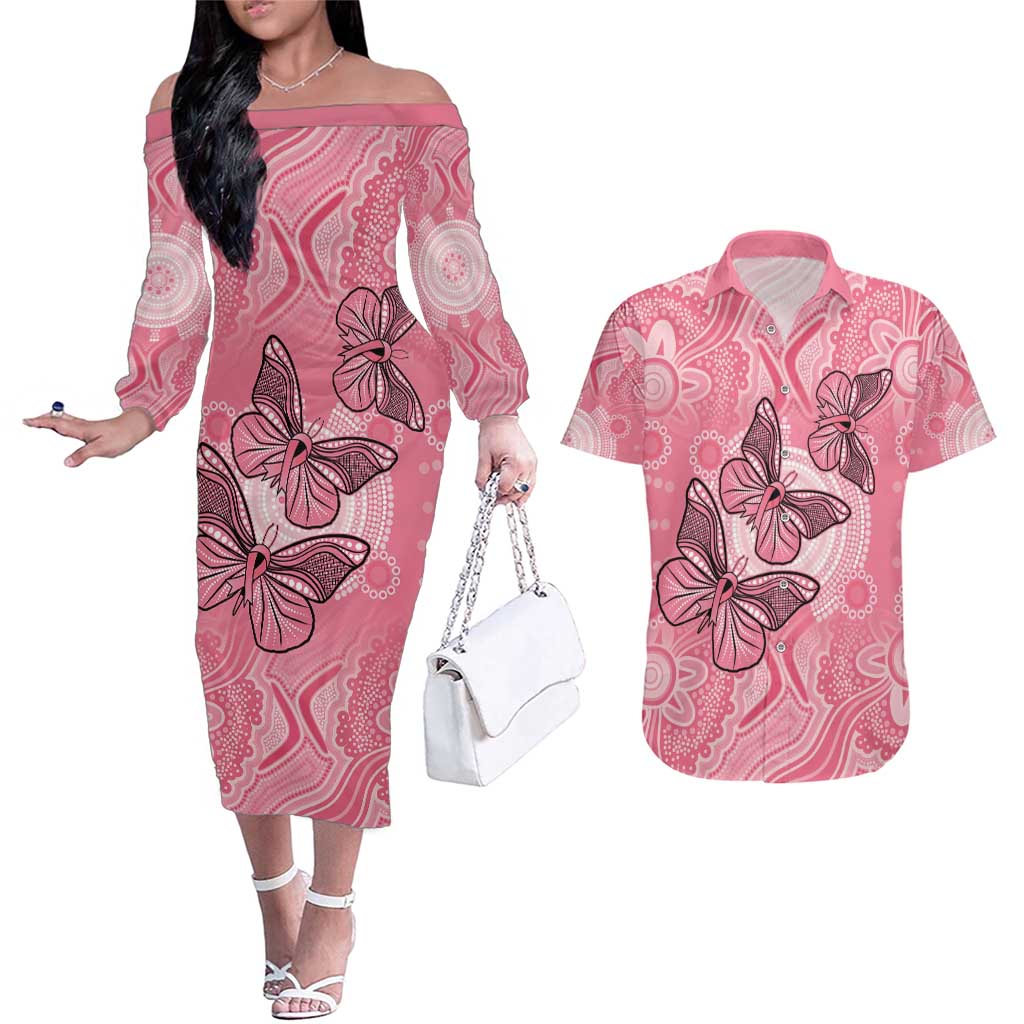 Personalized Pink Butterfly Spirit Couples Matching Off The Shoulder Long Sleeve Dress and Hawaiian Shirt Australia’s Breast Cancer Awareness - Aussie Hoodie