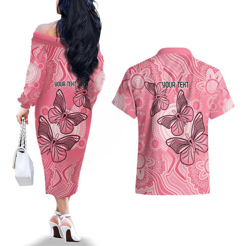 Personalized Pink Butterfly Spirit Couples Matching Off The Shoulder Long Sleeve Dress and Hawaiian Shirt Australia’s Breast Cancer Awareness - Aussie Hoodie