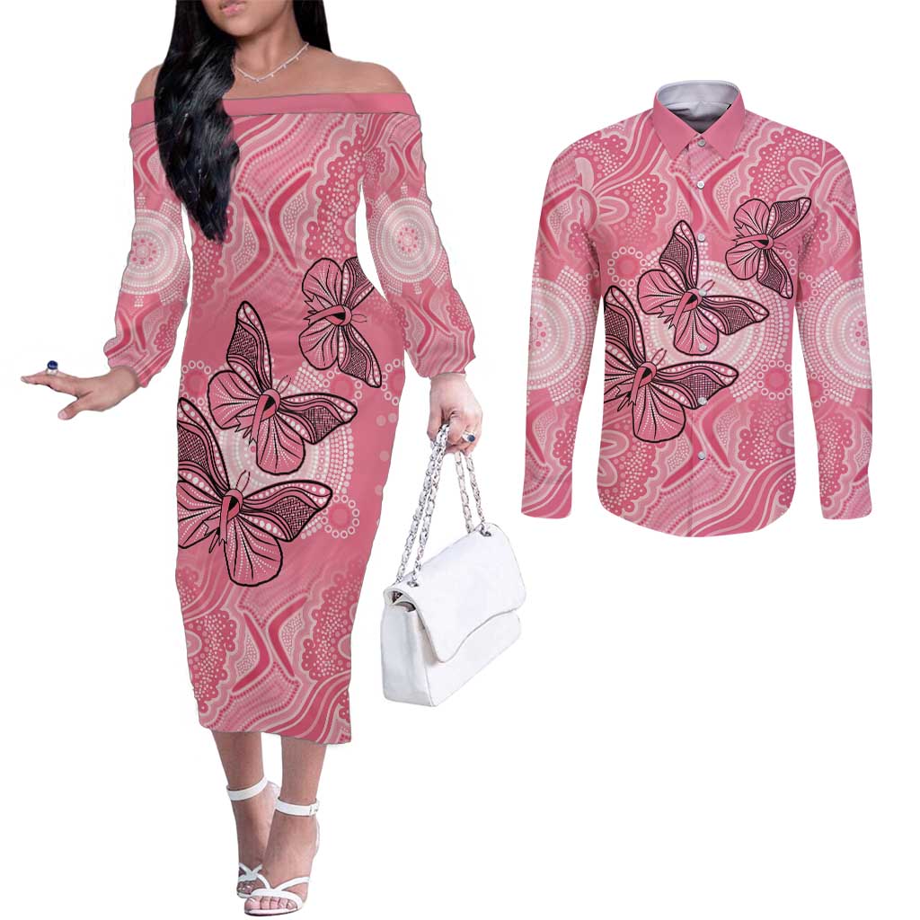 Personalized Pink Butterfly Spirit Couples Matching Off The Shoulder Long Sleeve Dress and Long Sleeve Button Shirt Australia’s Breast Cancer Awareness - Aussie Hoodie