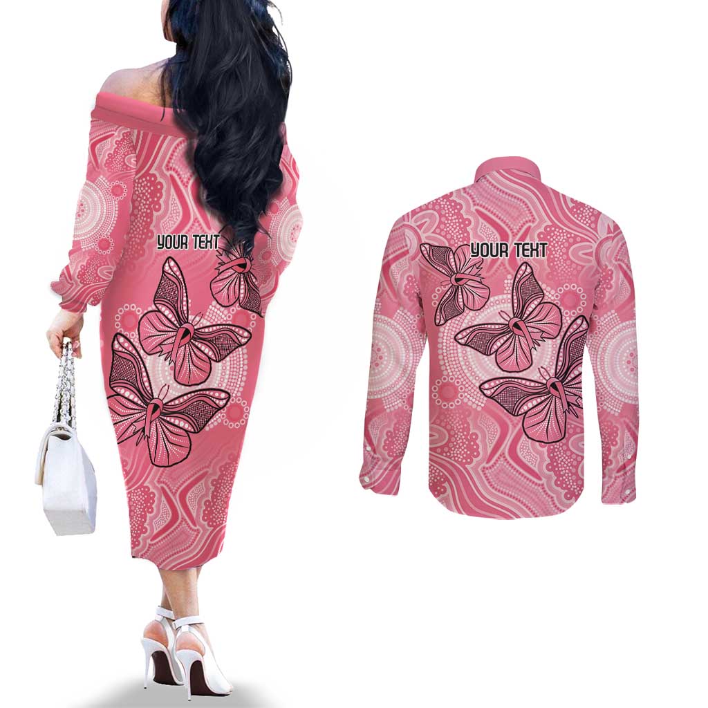 Personalized Pink Butterfly Spirit Couples Matching Off The Shoulder Long Sleeve Dress and Long Sleeve Button Shirt Australia’s Breast Cancer Awareness - Aussie Hoodie
