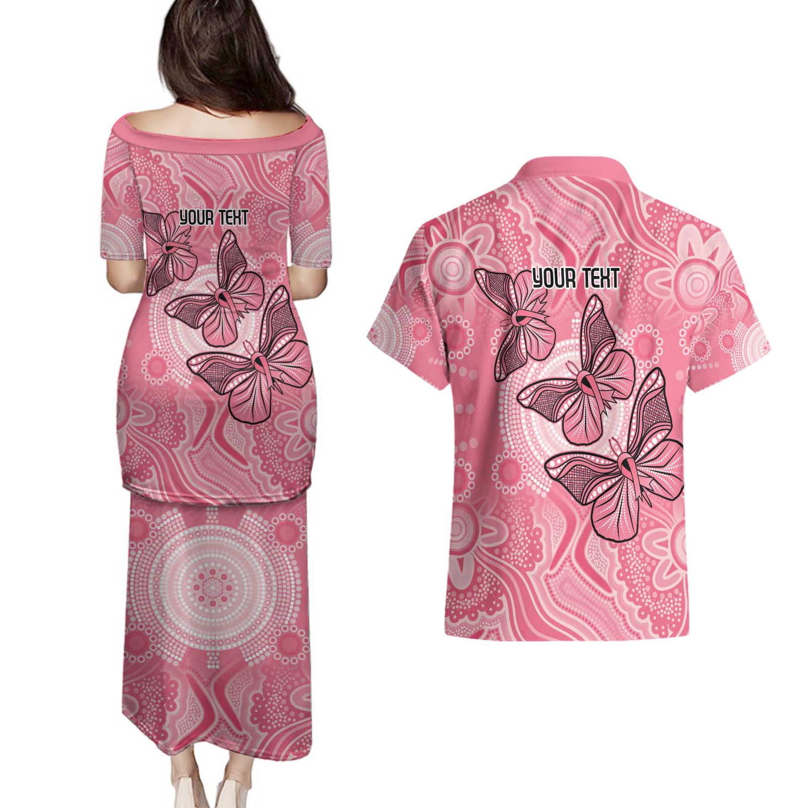 Personalized Pink Butterfly Spirit Couples Matching Puletasi and Hawaiian Shirt Australia’s Breast Cancer Awareness - Aussie Hoodie