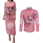 Personalized Pink Butterfly Spirit Couples Matching Puletasi and Long Sleeve Button Shirt Australia’s Breast Cancer Awareness - Aussie Hoodie