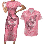 Personalized Pink Butterfly Spirit Couples Matching Short Sleeve Bodycon Dress and Hawaiian Shirt Australia’s Breast Cancer Awareness - Aussie Hoodie