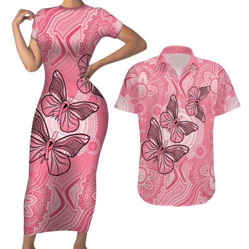 Personalized Pink Butterfly Spirit Couples Matching Short Sleeve Bodycon Dress and Hawaiian Shirt Australia’s Breast Cancer Awareness - Aussie Hoodie