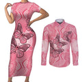 Personalized Pink Butterfly Spirit Couples Matching Short Sleeve Bodycon Dress and Long Sleeve Button Shirt Australia’s Breast Cancer Awareness - Aussie Hoodie