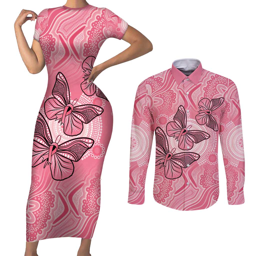 Personalized Pink Butterfly Spirit Couples Matching Short Sleeve Bodycon Dress and Long Sleeve Button Shirt Australia’s Breast Cancer Awareness - Aussie Hoodie