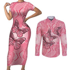 Personalized Pink Butterfly Spirit Couples Matching Short Sleeve Bodycon Dress and Long Sleeve Button Shirt Australia’s Breast Cancer Awareness - Aussie Hoodie