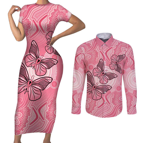 Personalized Pink Butterfly Spirit Couples Matching Short Sleeve Bodycon Dress and Long Sleeve Button Shirt Australia’s Breast Cancer Awareness - Aussie Hoodie