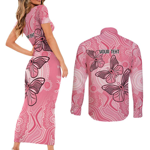 Personalized Pink Butterfly Spirit Couples Matching Short Sleeve Bodycon Dress and Long Sleeve Button Shirt Australia’s Breast Cancer Awareness - Aussie Hoodie